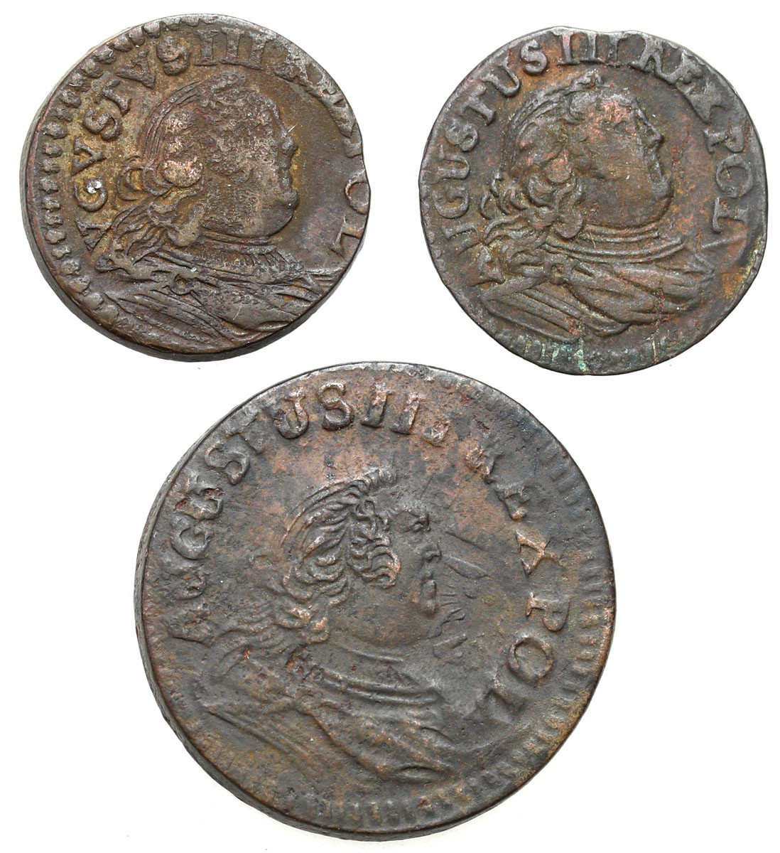 August III Sas. Szeląg 1752 H, 1754 H, 1755 H, Gubin zestaw 3 monet
